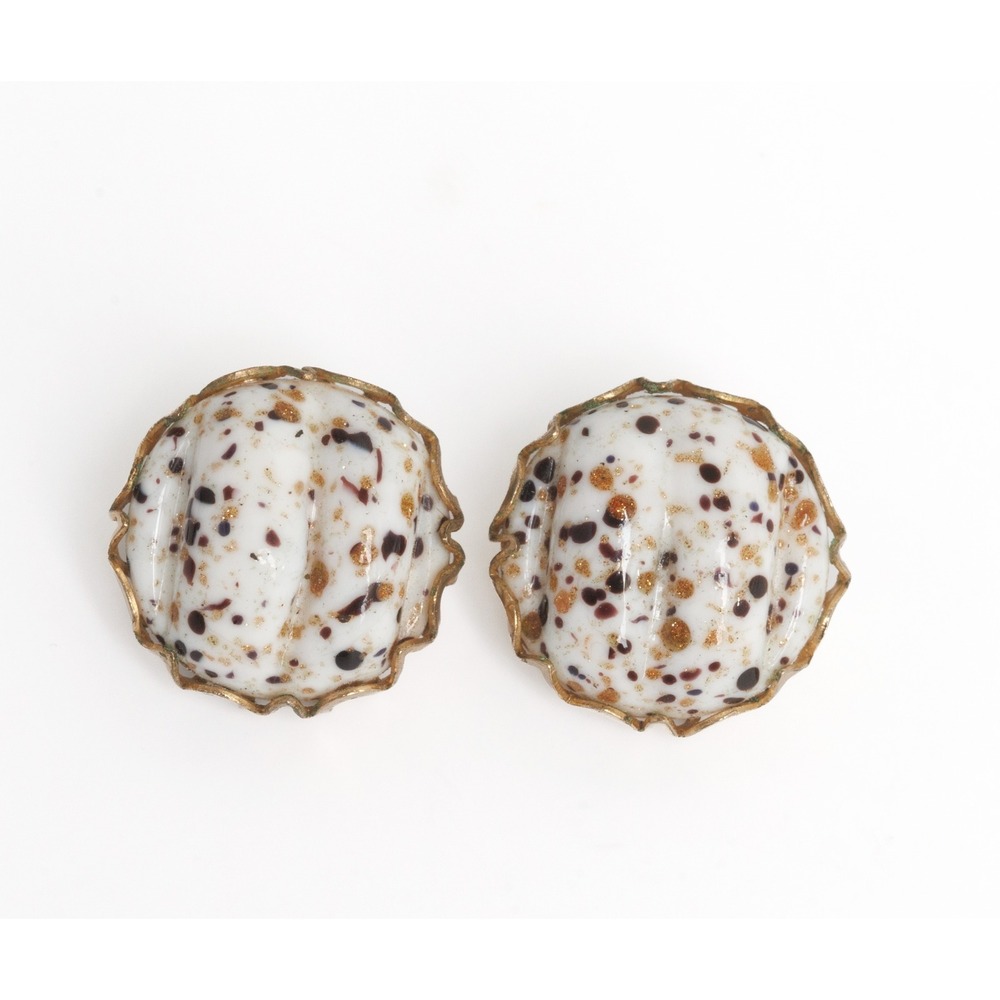 Vintage Schiaparelli Button Earrings Clip On Back Milk Glass Brown Black Specks